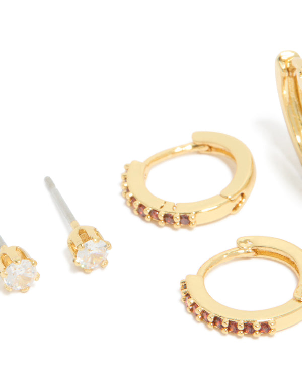 Gold Plated Brass Garnet Cubic Zirconia January Birthstone Earrings 4-Pack