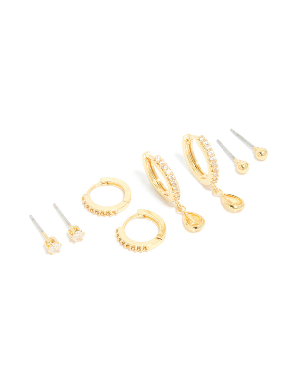 Gold Plated Brass Citrine Cubic Zirconia November Birthstone Earrings 4-Pack