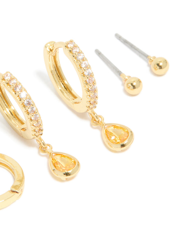 Gold Plated Brass Citrine Cubic Zirconia November Birthstone Earrings 4-Pack