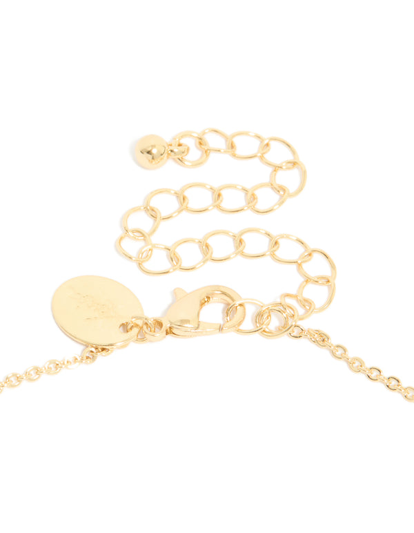 Featuring gold plated cubic zirconia trio halo stone cut necklace with adjustable chain clasp detail view