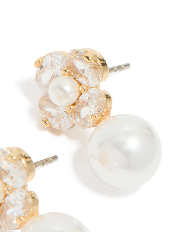 Gold Plated Cubic Zirconia Flower & Pearl Drop Earrings