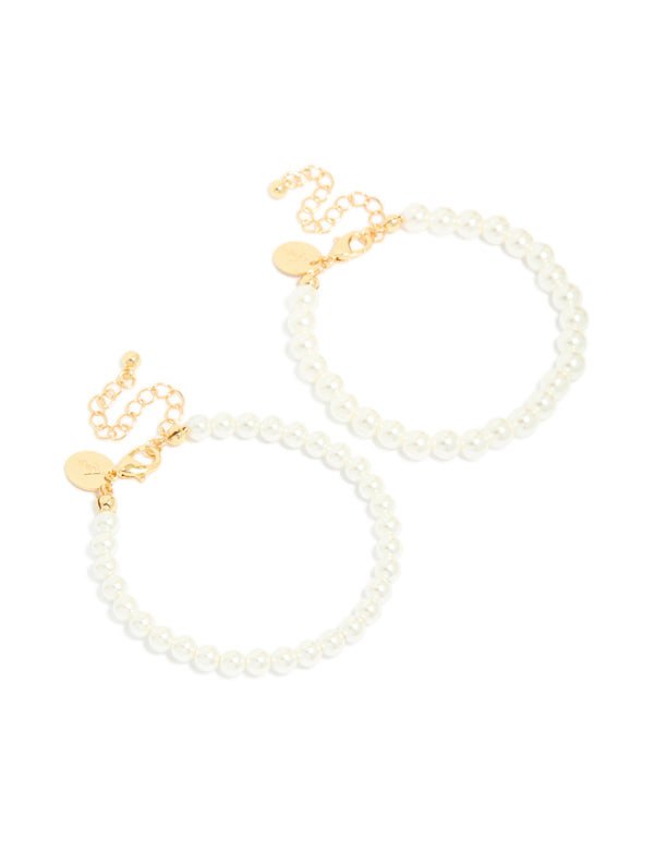 Discover Gold Plated Classic Pearl Bracelets 2-Pack details in white and gold front view