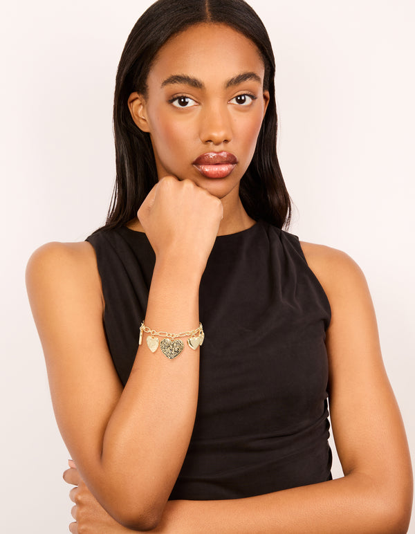 Gold Plated Vintage Heart Charms Bracelet