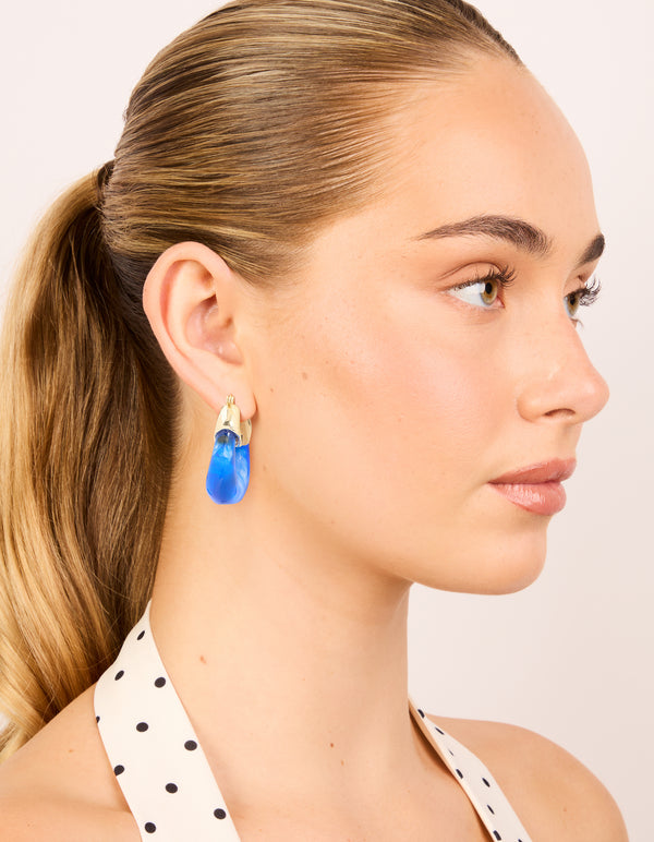 Gold & Blue Resin Square Hoop Earrings.