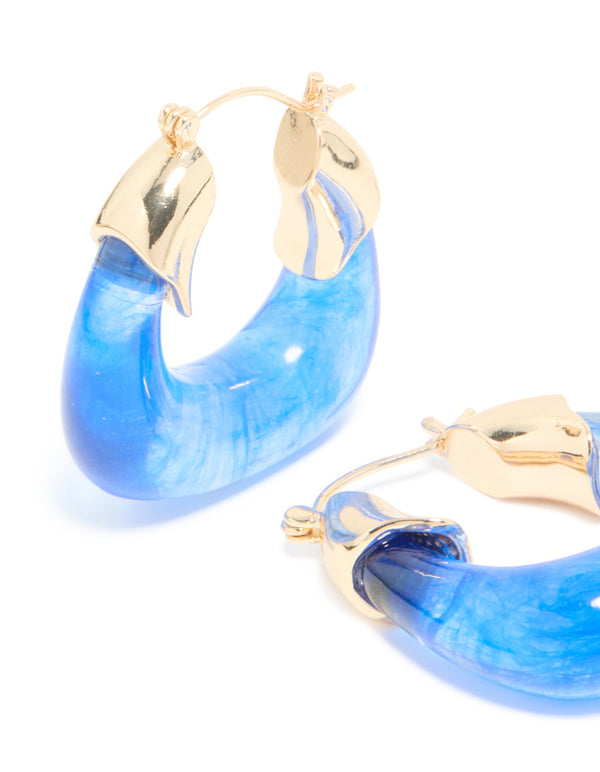 Gold & Blue Resin Square Hoop Earrings.