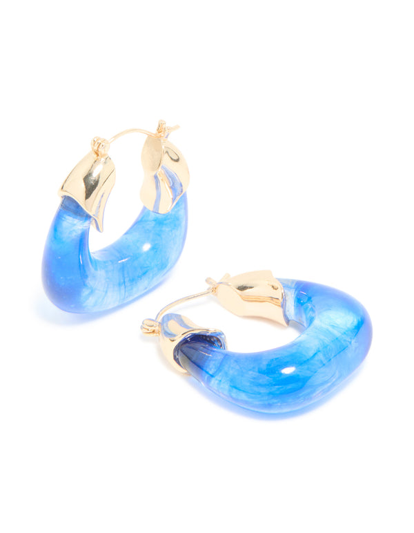 Gold & Blue Resin Square Hoop Earrings.