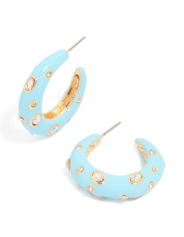 Light Blue Enamel & Diamante Dotted Open Hoop Earrings