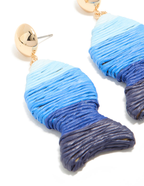 Blue Raffia Fish Stud Drop Earrings