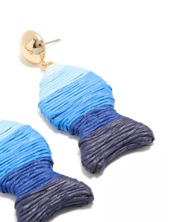 Blue Raffia Fish Stud Drop Earrings