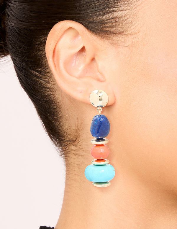 Gold Blue & Orange Acrylic Beaded Drop Stud Earrings