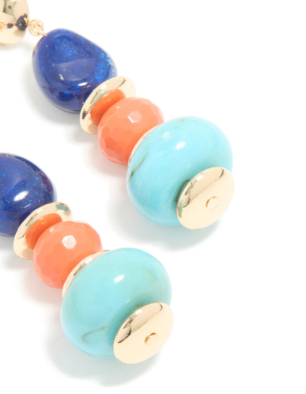 Gold Blue & Orange Acrylic Beaded Drop Stud Earrings