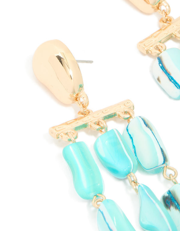 Gold Aqua Marbled Beaded Layered Drop Earrings