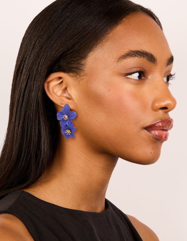 Dark Blue Double Layered Flower Drop Earrings