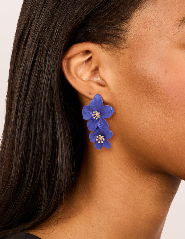 Dark Blue Double Layered Flower Drop Earrings