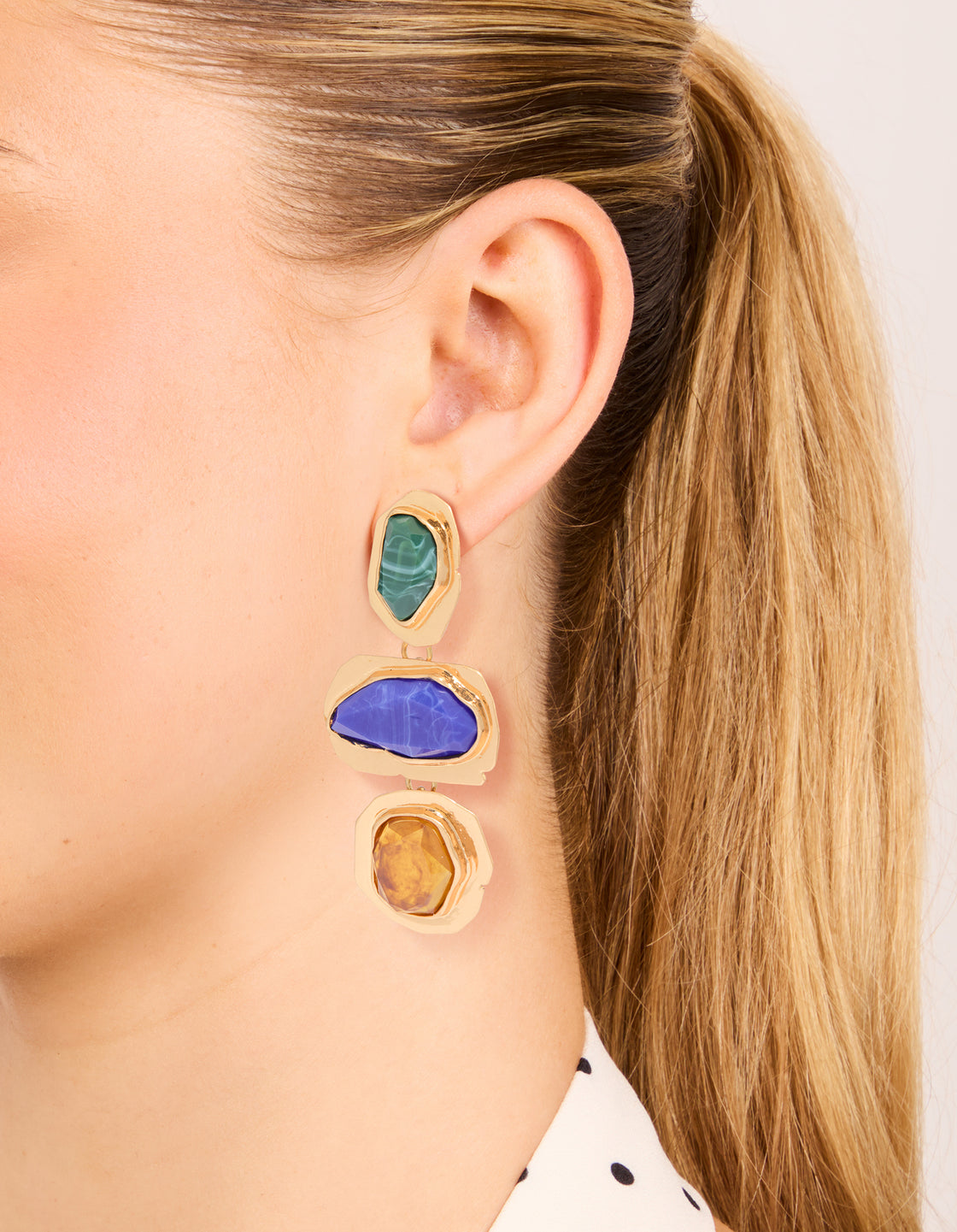 Worn Gold Blue & Green Acrylic Triple Layered Drop Earrings