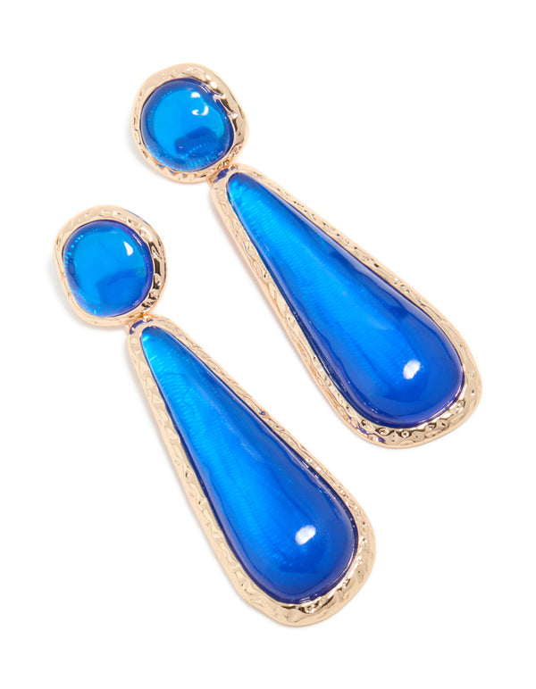 Gold Dark Blue Resin Drop Stud Earrings
