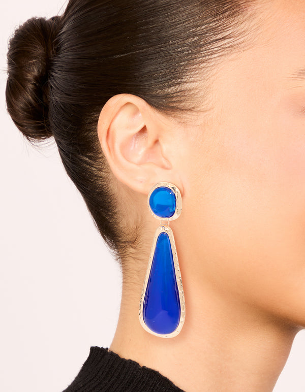 Gold Dark Blue Resin Drop Stud Earrings