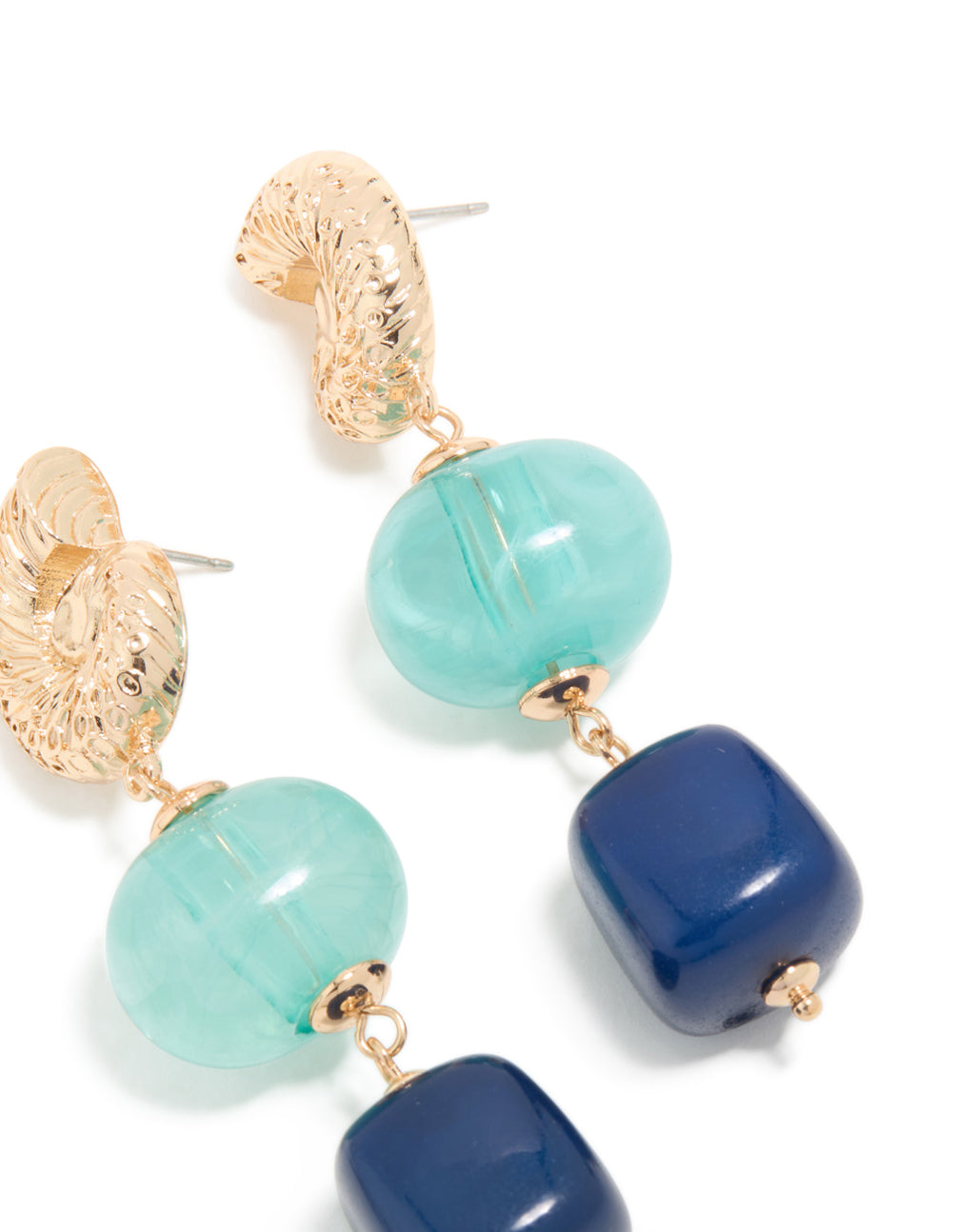 Gold Shell & Blue Beaded Drop Earrings