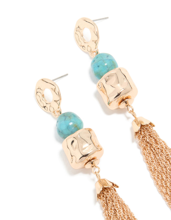 Gold Aqua Beaded Hammered Chain Drop Earrings