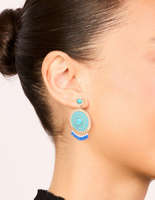 Gold Blue Enamel & Blue Beaded Round Drop Earrings