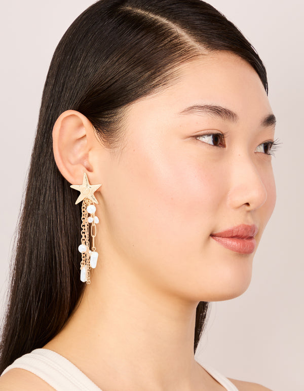 Gold Pearl Star Fish Chain Drop Earrings