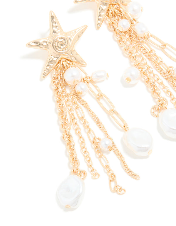 Gold Pearl Star Fish Chain Drop Earrings