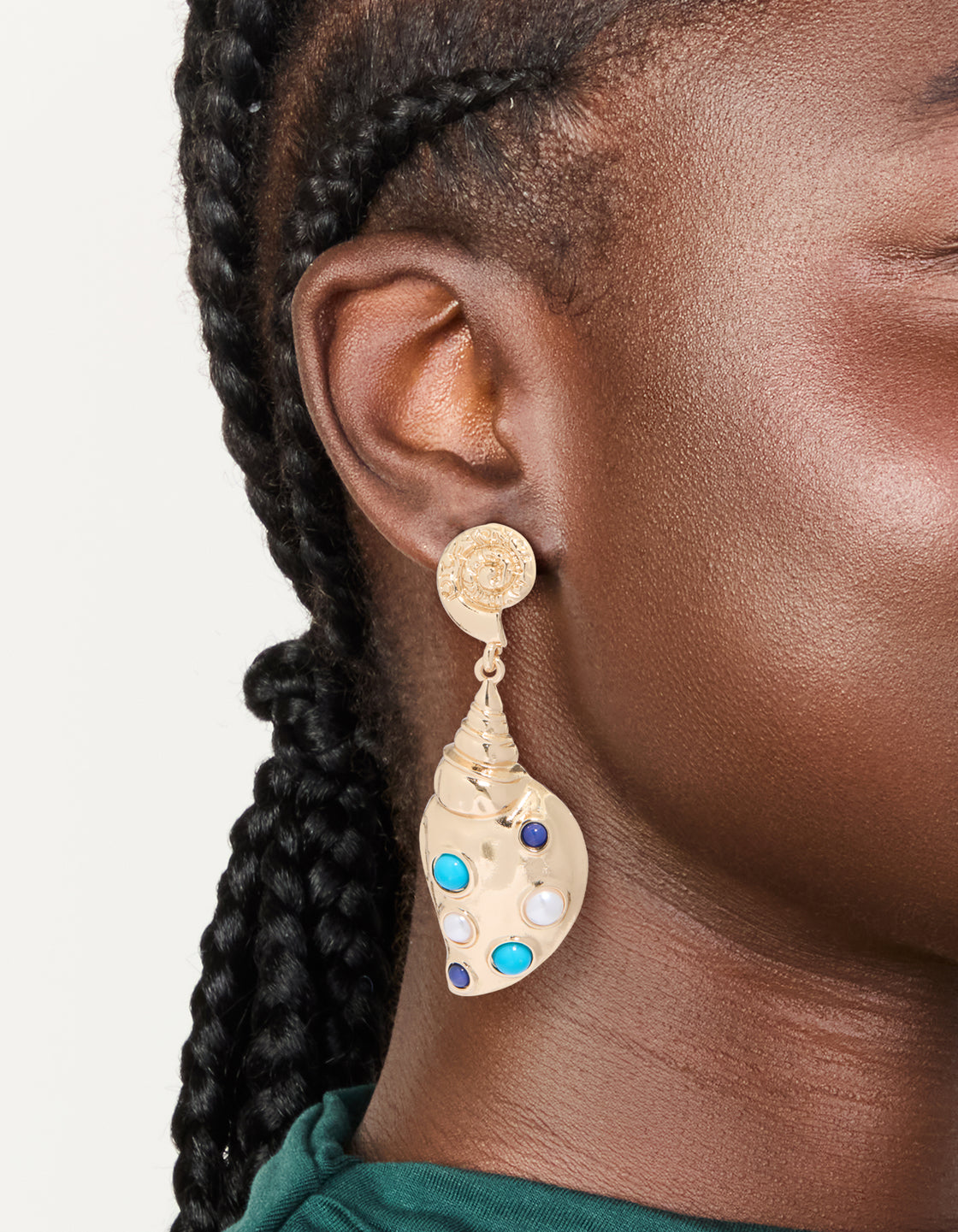 Gold Shell & Blue White Dotted Drop Earrings
