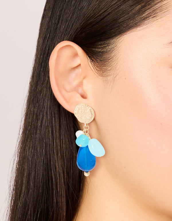 Gold Textured & Blue Beaded Drop Earrings