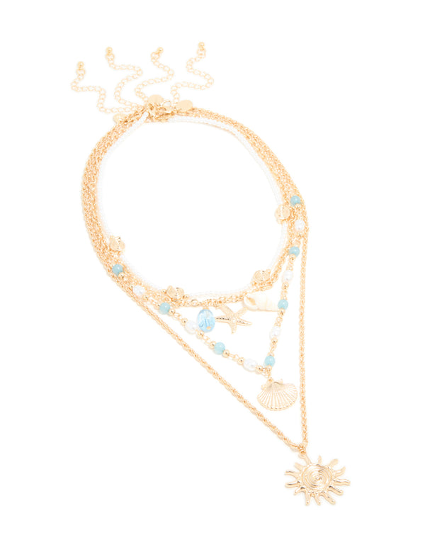 Gold Blue Beaded & Pearl Chain Layered Necklace