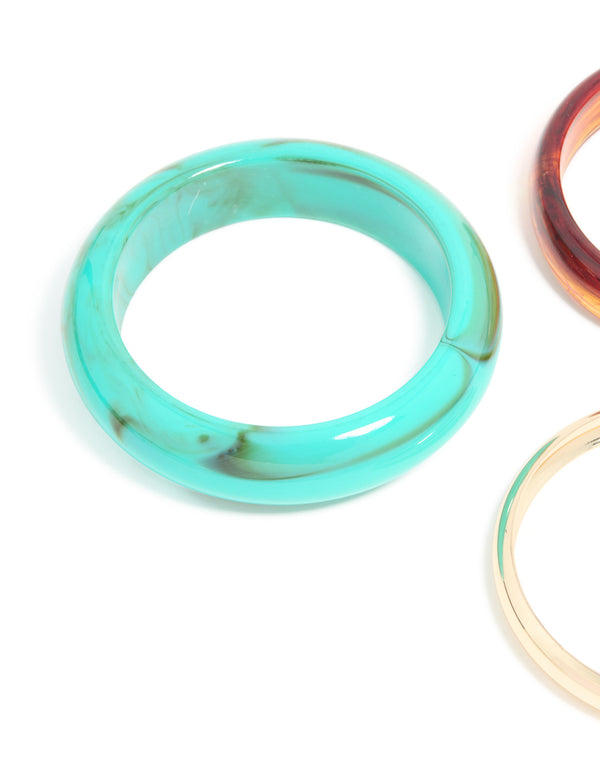 Aqua Blue Brown Acrylic & Gold Bangles 3-Pack