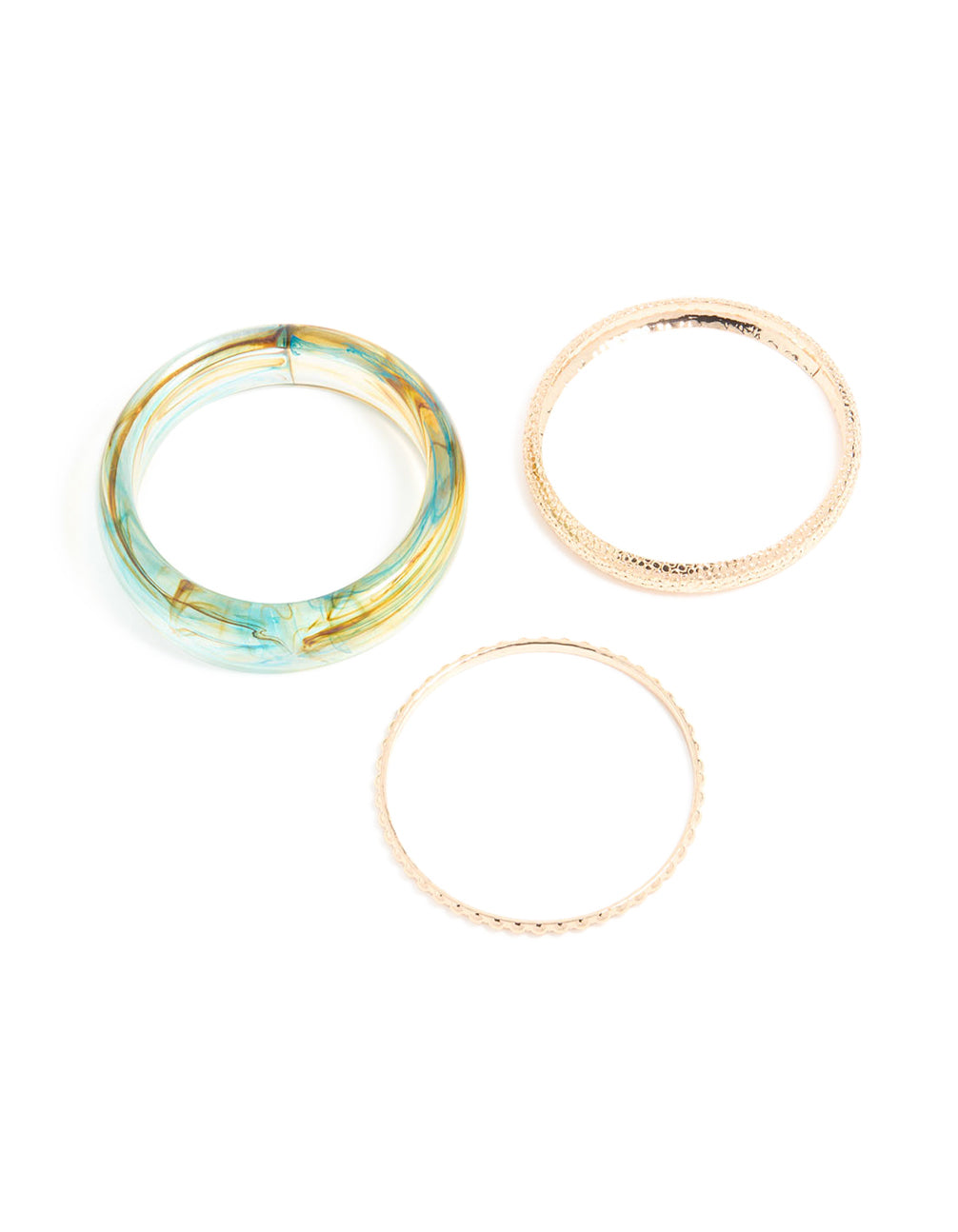Featuring marble pattern bangles in gold and light blue in a 3-pack front view