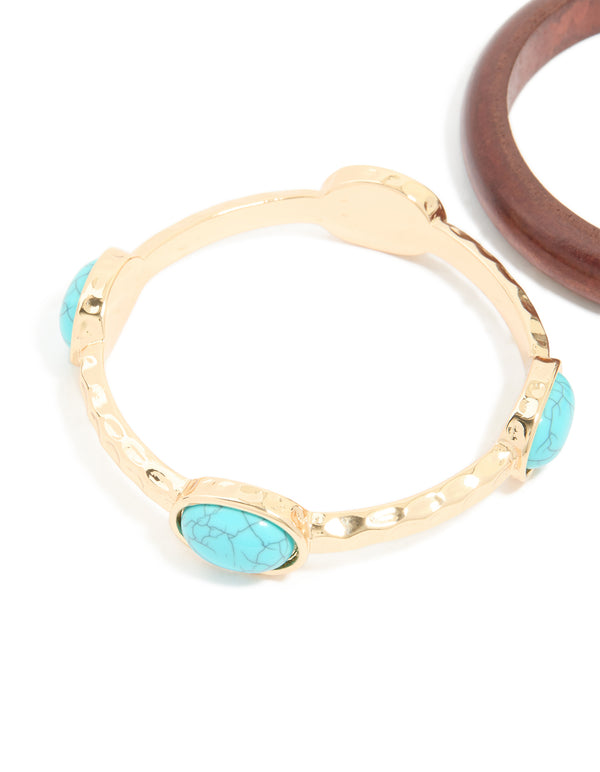 Gold Turquoise Stone & Wood Bangles 2-Pack