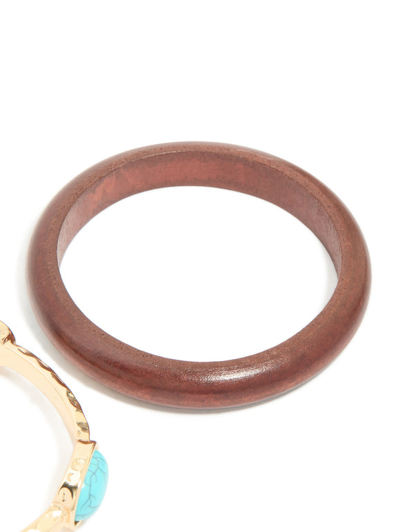 Gold Turquoise Stone & Wood Bangles 2-Pack