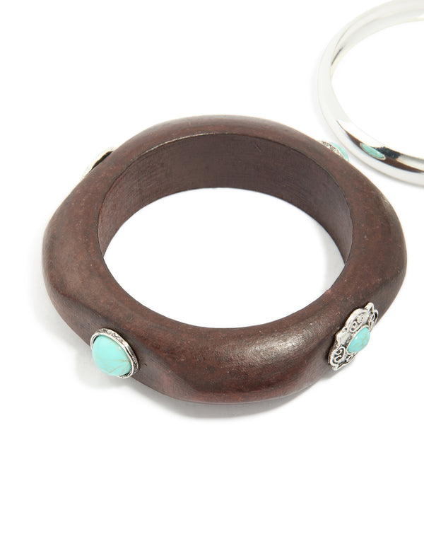 Wooden turquoise Stones Western & Silver Bangle 2-Pack