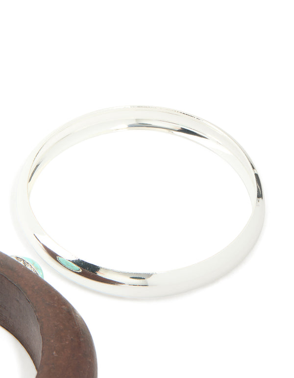 Wooden turquoise Stones Western & Silver Bangle 2-Pack