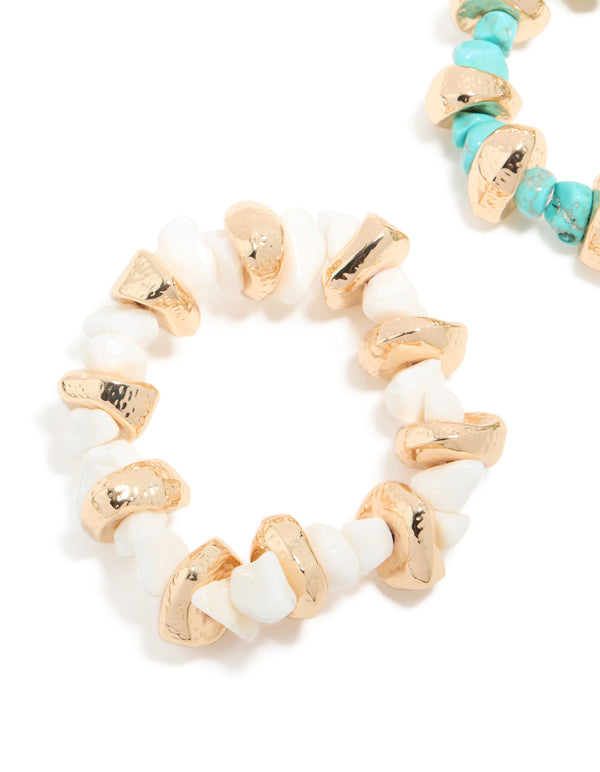 Gold White & Blue Beaded Stretch Bracelets 2-Pack
