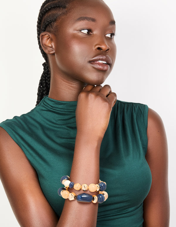 Gold & Dark Blue Beaded Stretch Bracelets 2-Pack