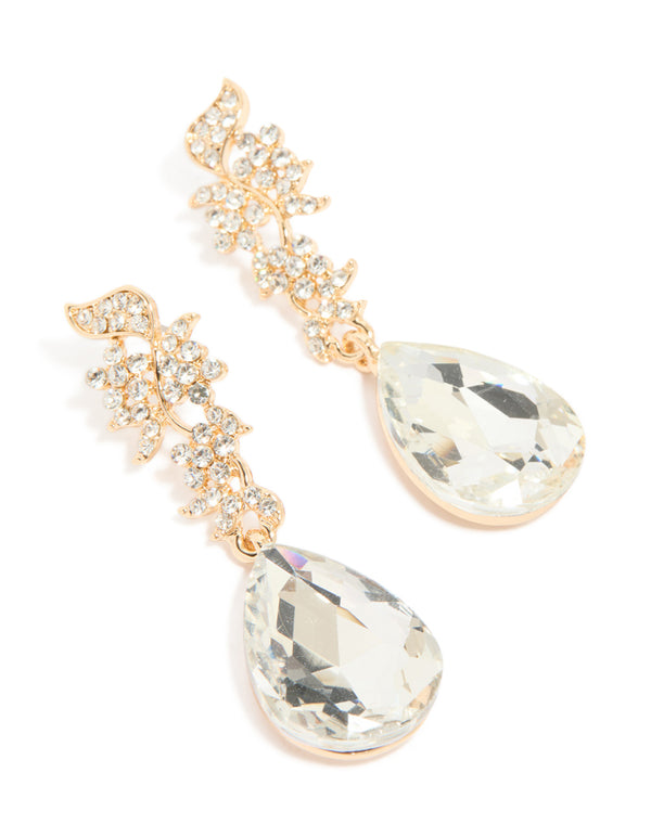 Gold Diamante Flowers & Large Diamante Drop Earrings