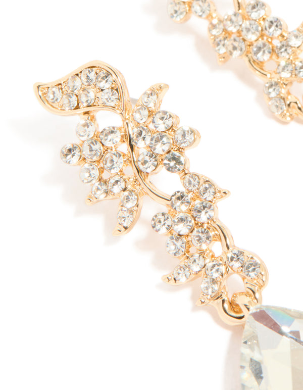 Gold Diamante Flowers & Large Diamante Drop Earrings