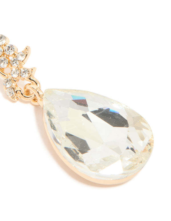 Gold Diamante Flowers & Large Diamante Drop Earrings