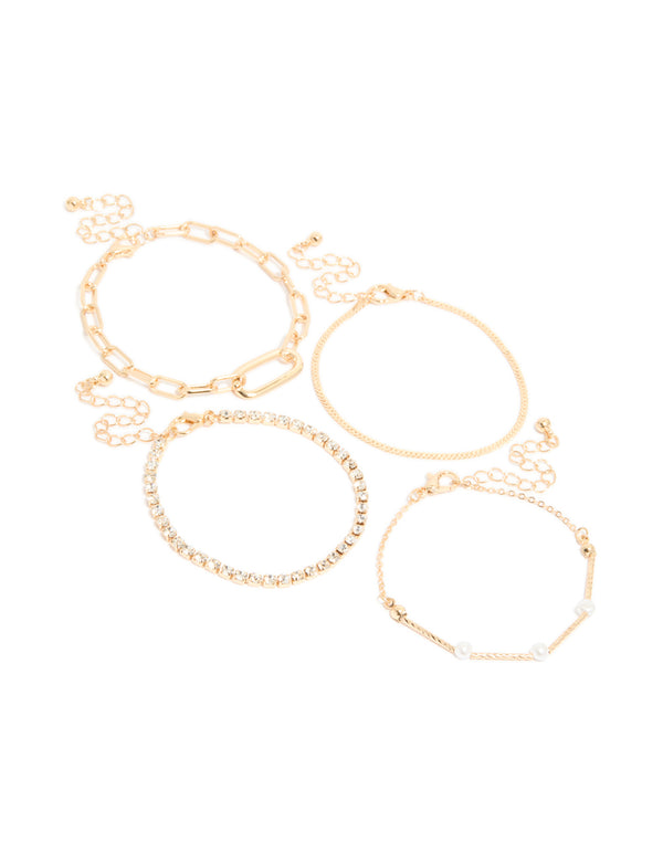 Gold Diamante & Pearl Bracelets 4-Pack