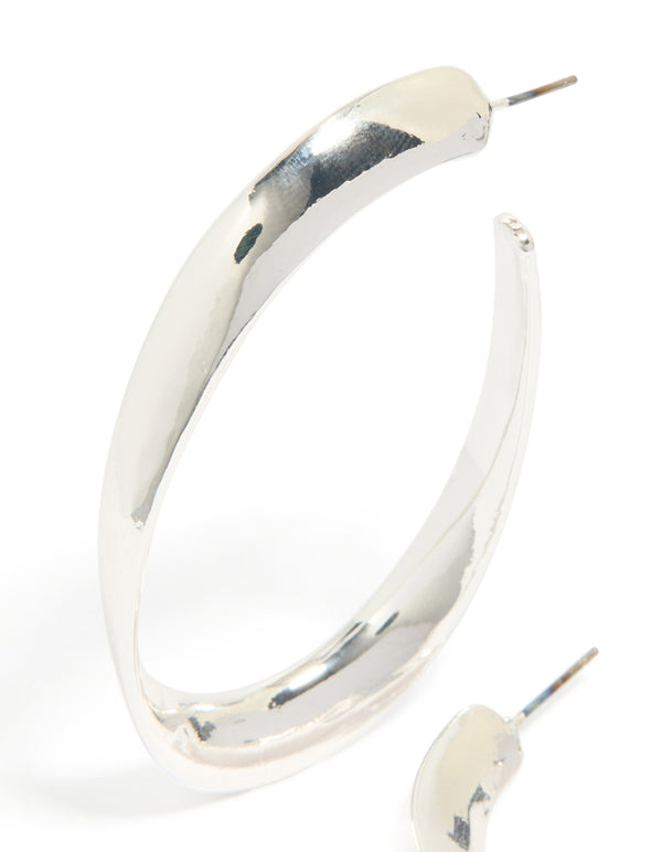 Silver Curved Long Hoop Earrings