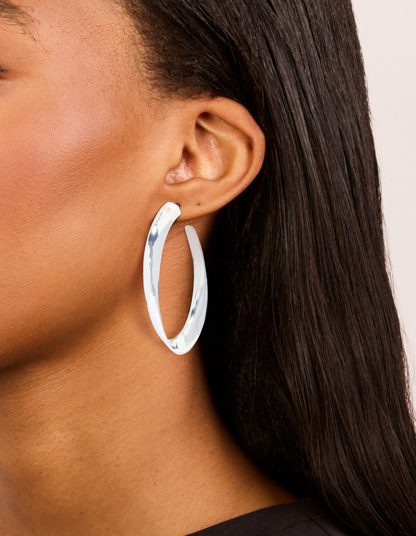 Silver Curved Long Hoop Earrings