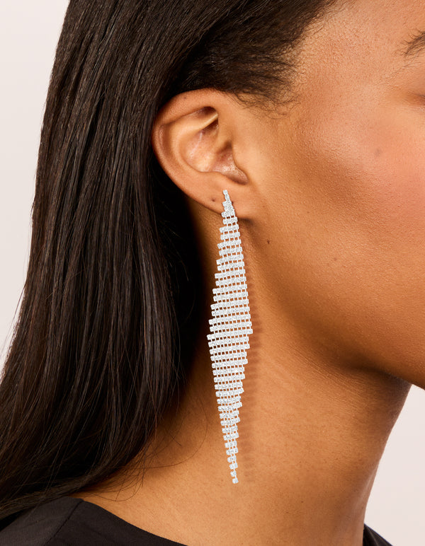 Silver Diamante Diamond Shaped Drop Earrings
