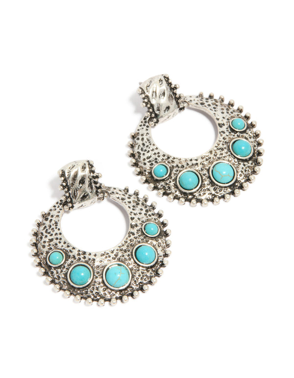 Antique Silver Turquoise Stone Round Textured Drop Earrings