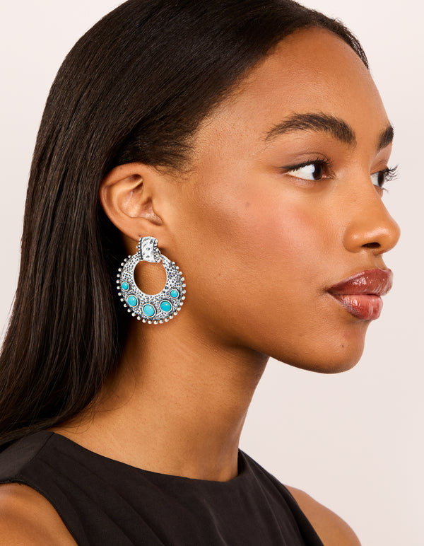 Antique Silver Turquoise Stone Round Textured Drop Earrings