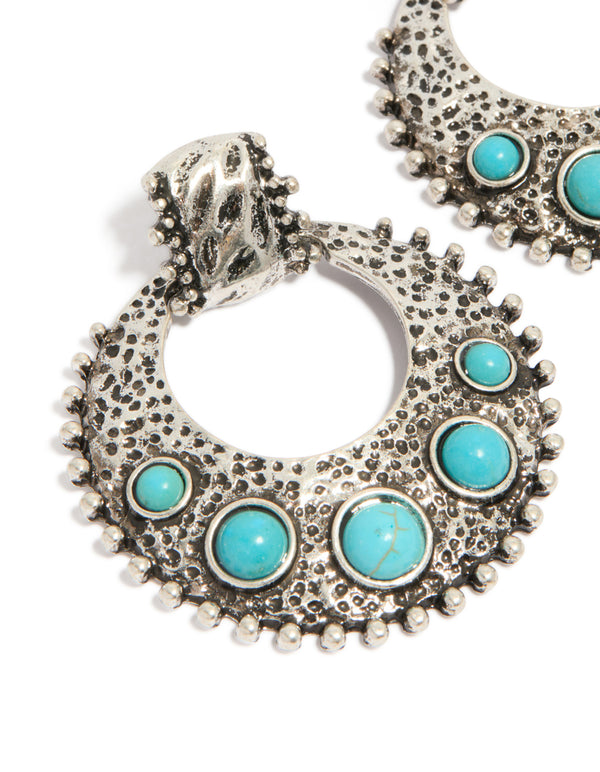 Antique Silver Turquoise Stone Round Textured Drop Earrings