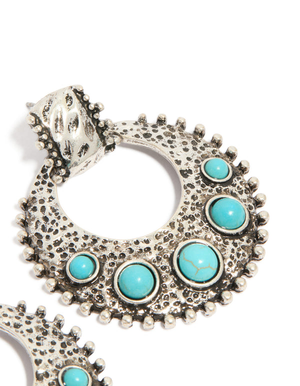 Antique Silver Turquoise Stone Round Textured Drop Earrings