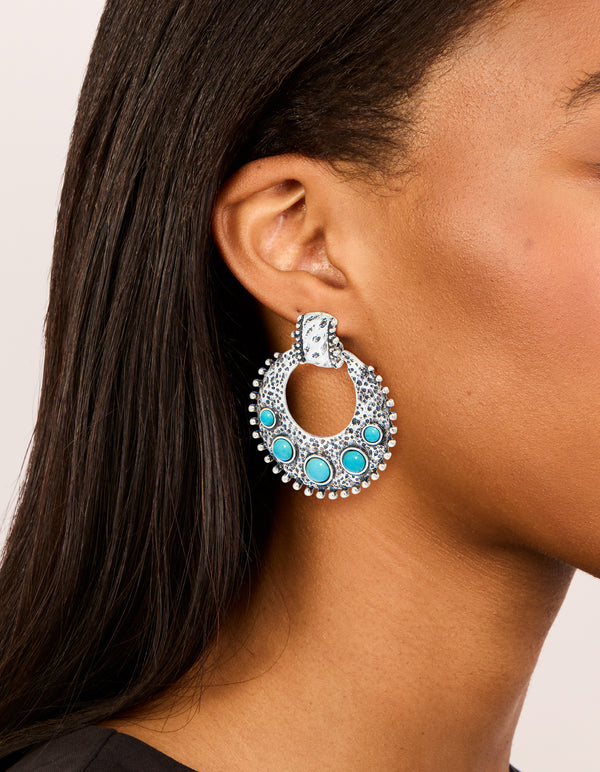 Antique Silver Turquoise Stone Round Textured Drop Earrings