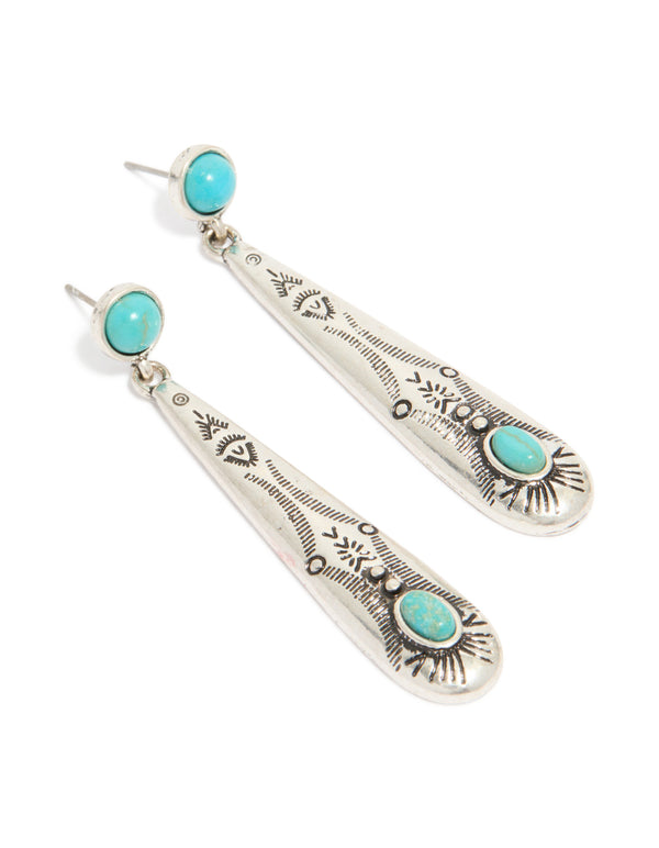 Antique Silver Turquoise Stone Thin Celestial Pattern Drop Earrings